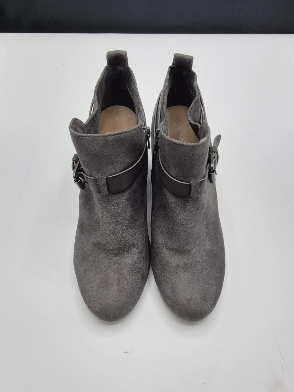 Report Gray Suede Ankle Booties with Buckle Strap